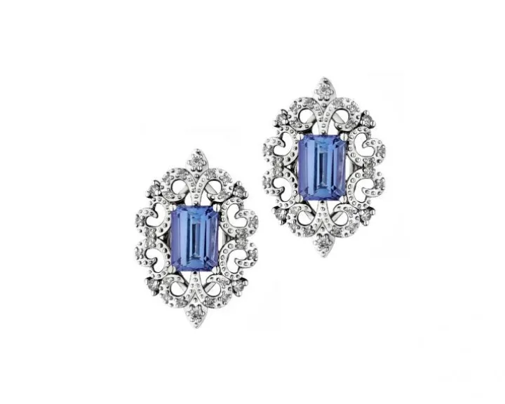 Kolczyki z białego złota z brylantami i tanzanitami - próba 585