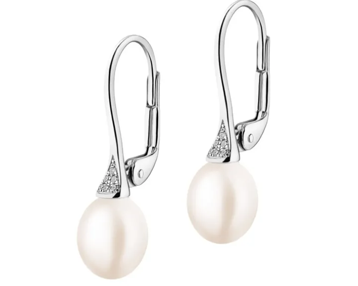 Kolczyki z białego złota z diamentami i perłami - próba 585