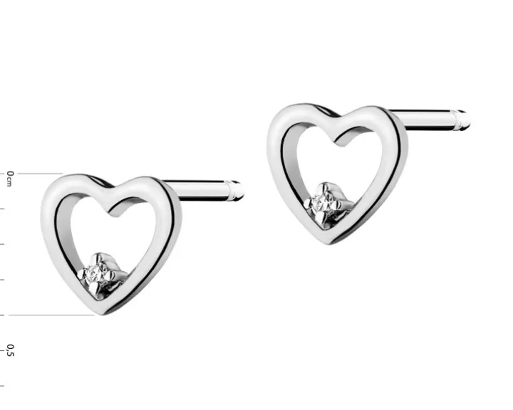 Kolczyki z białego złota z diamentami - serca - 0,008 ct - próba 375