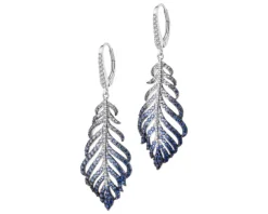 Kolczyki z białego złota z brylantami i szafirami cejlońskimi - piórka - próba 750