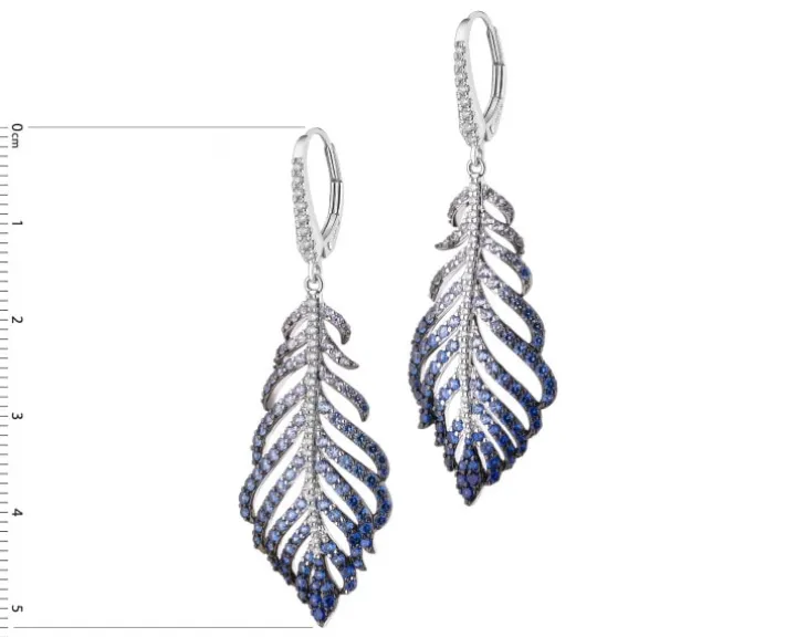 Kolczyki z białego złota z brylantami i szafirami cejlońskimi - piórka - próba 750