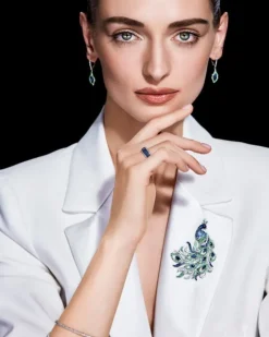 Kolczyki z białego złota z kamieniami szlachetnymi i ozdobnymi - pawie pióra - próba 750