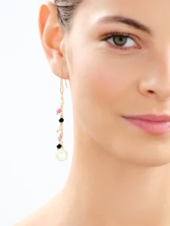 Kolczyki z mosiądzu pozłacane z agatami, turmalinami i perłami - serca