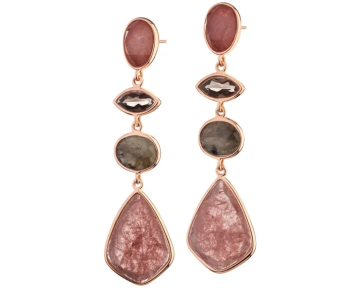 Kolczyki z mosiądzu pozłacane z kwarcami, labradorytami i obsydianami