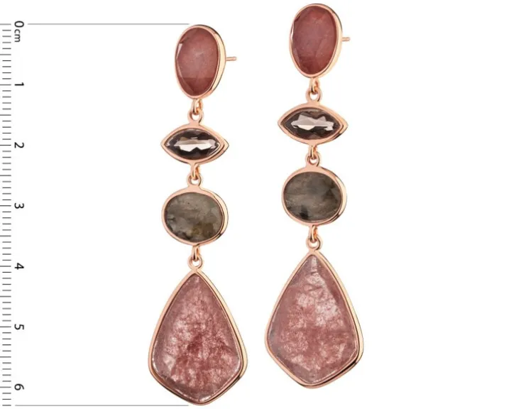 Kolczyki z mosiądzu pozłacane z kwarcami, labradorytami i obsydianami