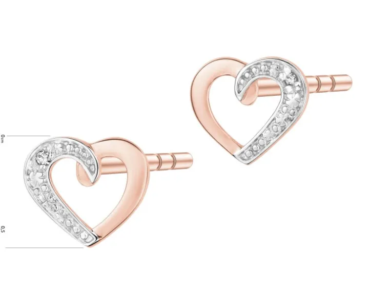 Kolczyki z różowego złota z diamentami – serca - 0,005 ct - próba 375
