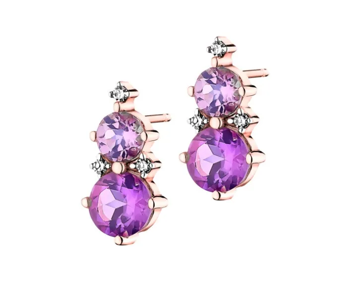 Kolczyki z różowego złota z diamentami i ametystami - próba 375