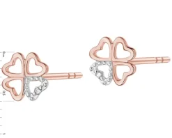 Kolczyki z różowego złota z diamentami - koniczyny, serca - 0,004 ct - próba 375