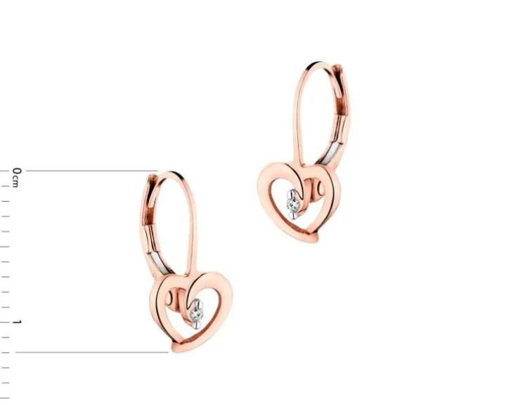 Kolczyki z różowego złota z diamentami - serca - 0,01 ct - próba 375