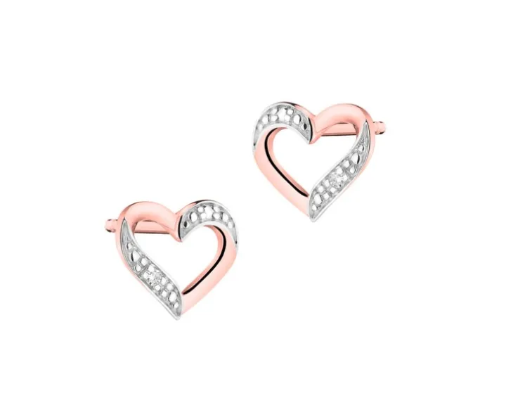 Kolczyki z różowego złota z diamentami - serca - 0,004 ct - próba 585