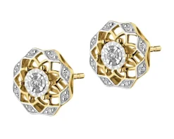 Kolczyki z żółtego i białego złota z diamentami - rozety - 0,08 ct - próba 585