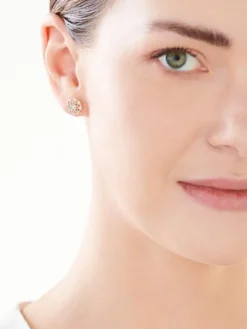 Kolczyki z żółtego i białego złota z diamentami - rozety - 0,08 ct - próba 585