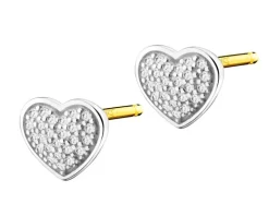 Kolczyki z żółtego i białego złota z diamentami - serca - 0,07 ct - próba 375