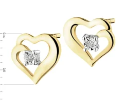 Kolczyki z żółtego i białego złota z brylantami - serca - 0,01 ct - próba 375