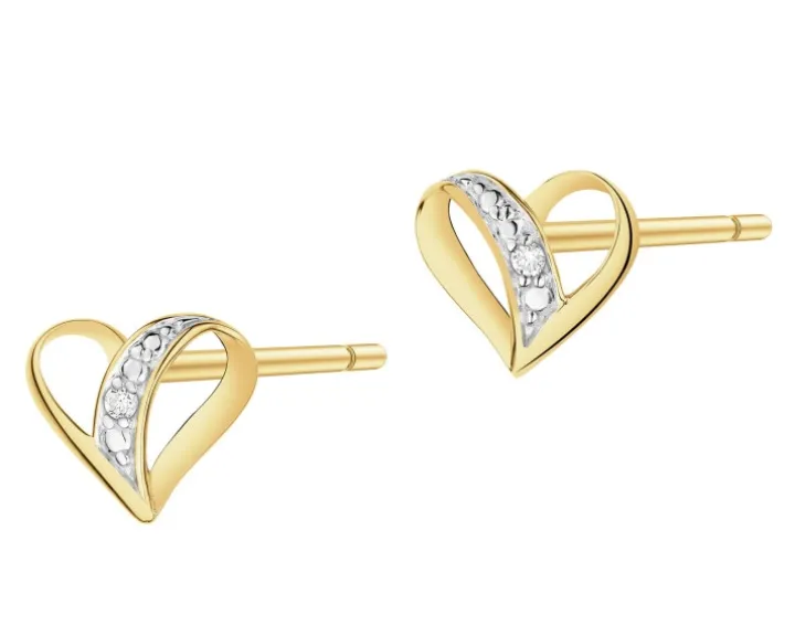 Kolczyki z żółtego złota z brylantami - serca - 0,008 ct - próba 375