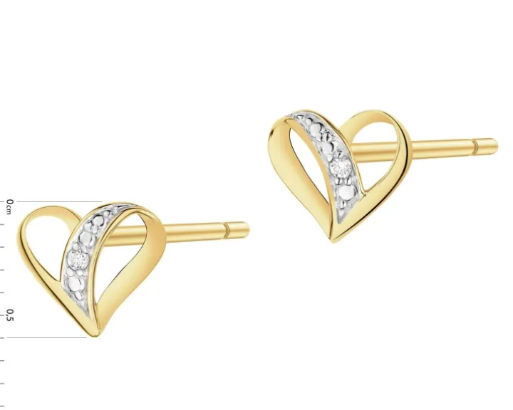 Kolczyki z żółtego złota z brylantami - serca - 0,008 ct - próba 375