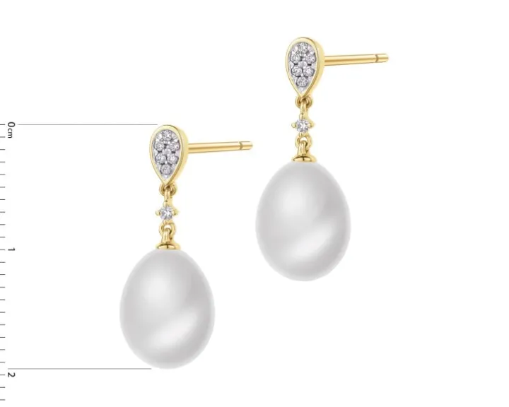 Kolczyki z żółtego złota z brylantami i perłami - próba 585