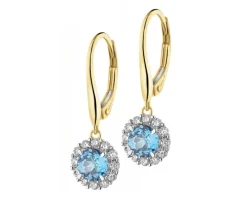 Kolczyki z żółtego złota z brylantami i topazami London Blue - próba 585