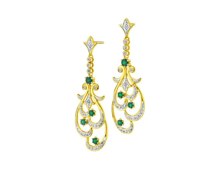 Kolczyki z żółtego złota z brylantami i szmaragdami - próba 585