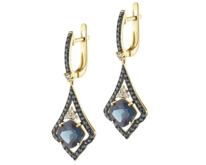 Kolczyki z żółtego złota z brylantami i topazami London Blue - próba 585
