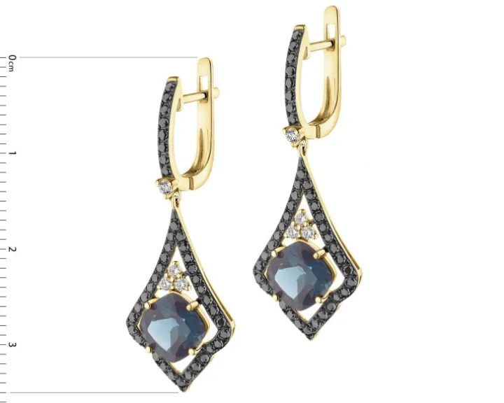 Kolczyki z żółtego złota z brylantami i topazami London Blue - próba 585