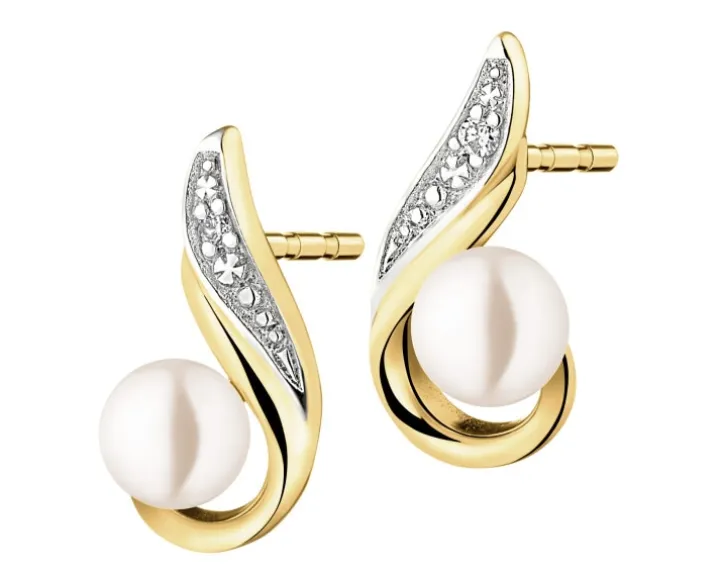 Kolczyki z żółtego złota z brylantami i perłami - próba 585