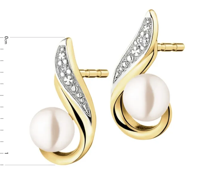 Kolczyki z żółtego złota z brylantami i perłami - próba 585