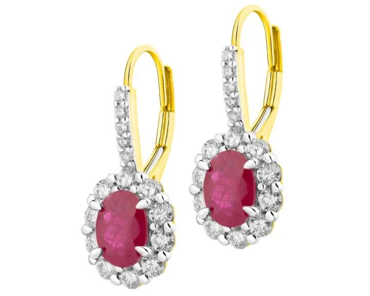 Kolczyki z żółtego złota z brylantami i rubinami - próba 585