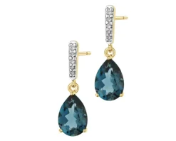 Kolczyki z żółtego złota z brylantami i topazami London Blue - próba 585