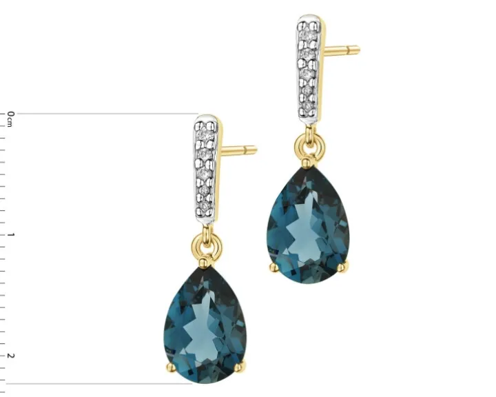 Kolczyki z żółtego złota z brylantami i topazami London Blue - próba 585
