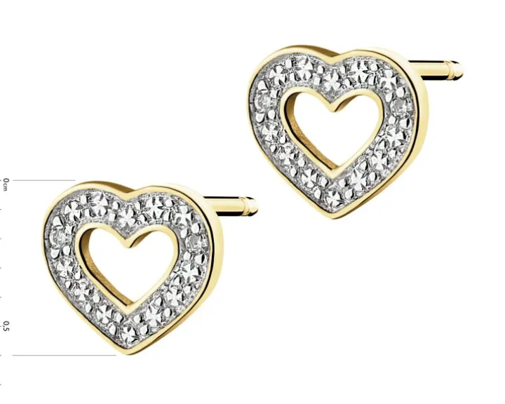 Kolczyki z żółtego złota z brylantami - serca - 0,01 ct - próba 375