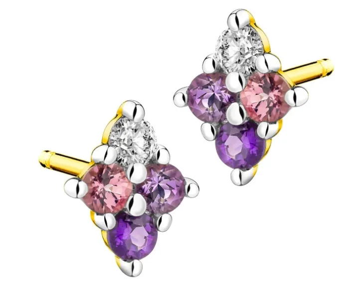 Kolczyki z żółtego złota z brylantami i kamieniami ozdobnymi - próba 375