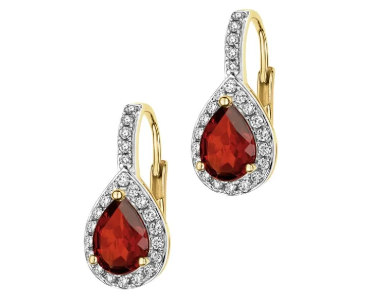 Kolczyki z żółtego złota z brylantami i granatami - próba 585