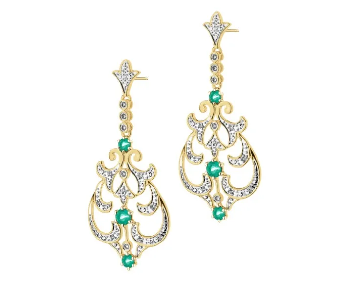 Kolczyki z żółtego złota z brylantami i szmaragdami - próba 585