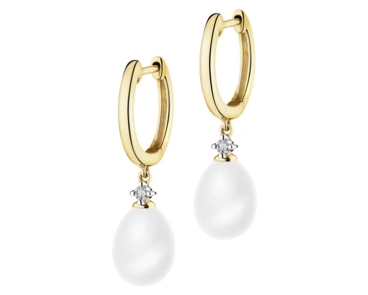 Kolczyki z żółtego złota z brylantami i perłami - próba 585