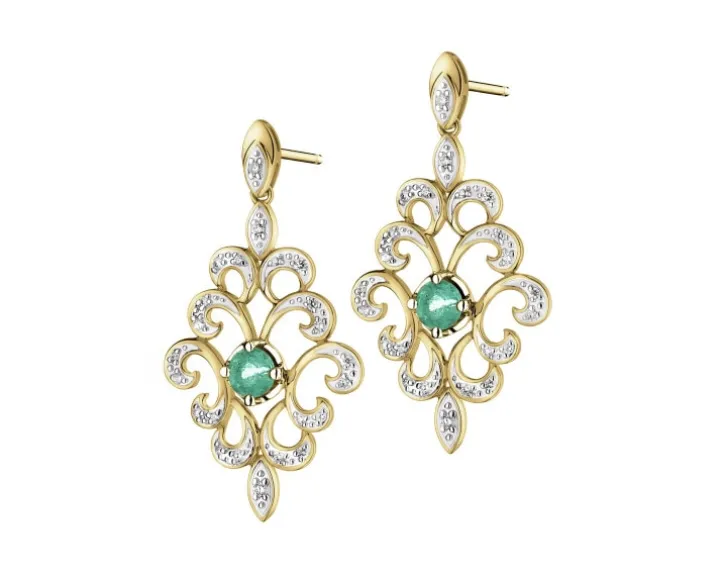 Kolczyki z żółtego złota z brylantami i szmaragdami - próba 585