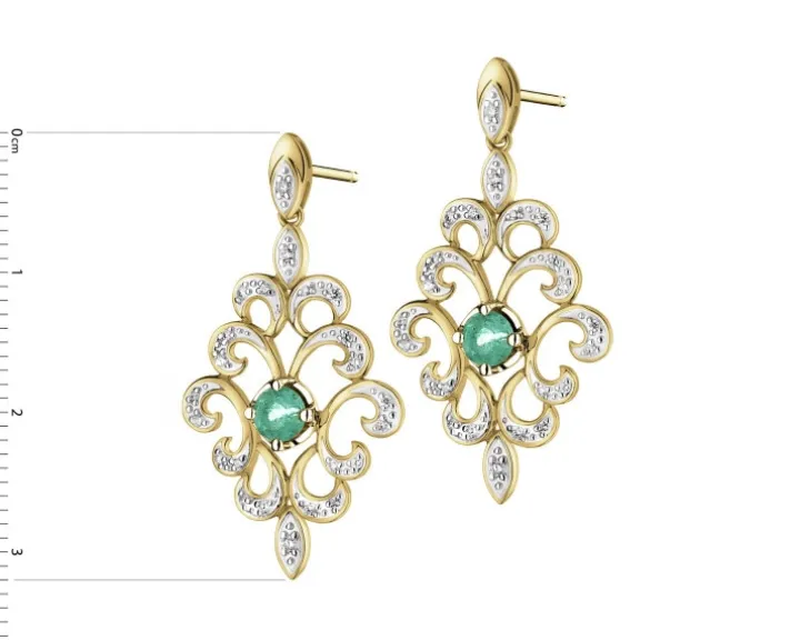 Kolczyki z żółtego złota z brylantami i szmaragdami - próba 585