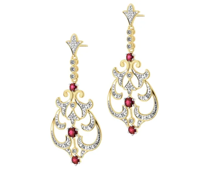 Kolczyki z żółtego złota z brylantami i rubinami - próba 585