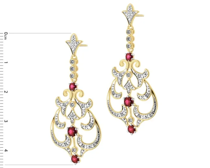 Kolczyki z żółtego złota z brylantami i rubinami - próba 585