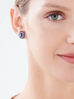 Kolczyki z żółtego złota z brylantami i szafirami syntetycznymi - próba 585