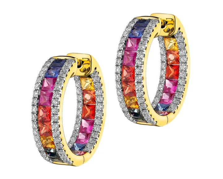 Kolczyki z żółtego złota z brylantami i szafirami kolorowymi - koła - próba 585