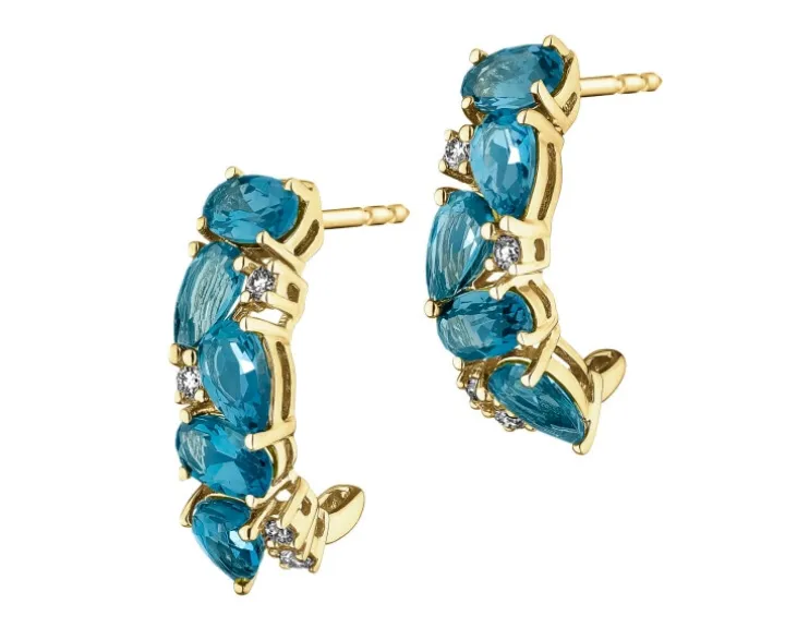 Kolczyki z żółtego złota z brylantami i topazami London Blue - próba 585