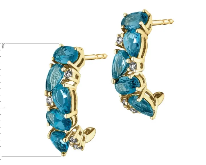 Kolczyki z żółtego złota z brylantami i topazami London Blue - próba 585