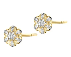Kolczyki z żółtego złota z brylantami - kwiatki - 0,10 ct - próba 375