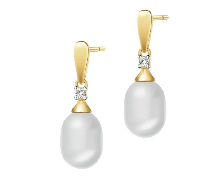 Kolczyki z żółtego złota z brylantami i perłami - próba 375