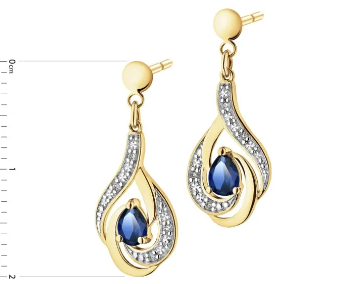 Kolczyki z żółtego złota z brylantami i szafirami syntetycznymi - próba 585