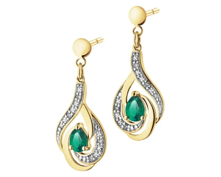 Kolczyki z żółtego złota z brylantami i szmaragdami syntetycznymi - próba 585