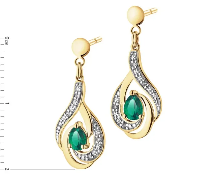 Kolczyki z żółtego złota z brylantami i szmaragdami syntetycznymi - próba 585
