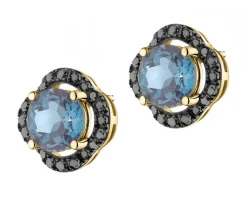 Kolczyki z żółtego złota z czarnymi brylantami i topazami London Blue - próba 585