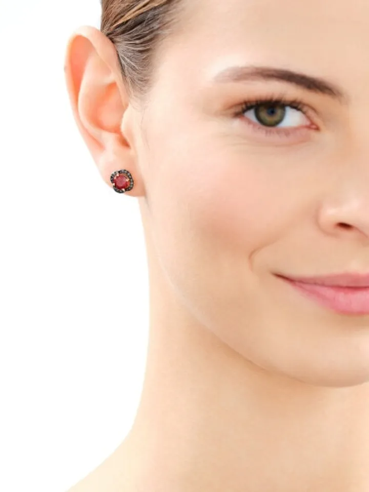 Kolczyki z żółtego złota z czarnymi diamentami i granatami - próba 585